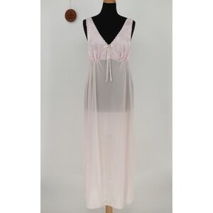 Vintage Tosca Lingerie Pink V-Neck Long Ribbon‎ Bow Sheer Nightgown Size Medium
